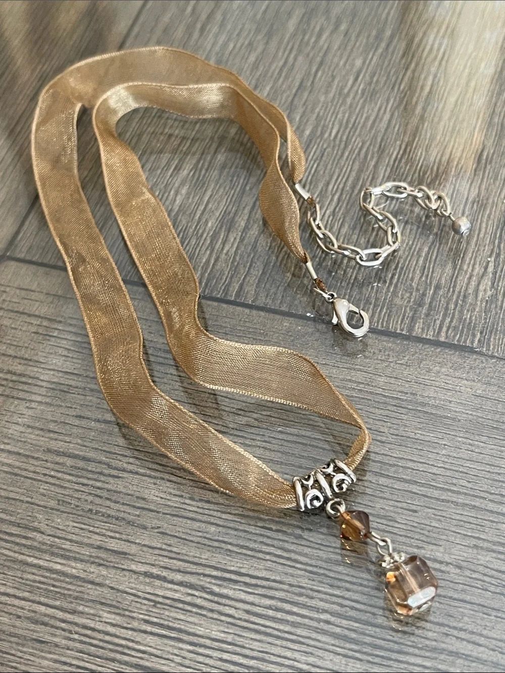 Vintage Brown Organza Ribbon Pendant Necklace with Filigree Slide & Crystal Drop